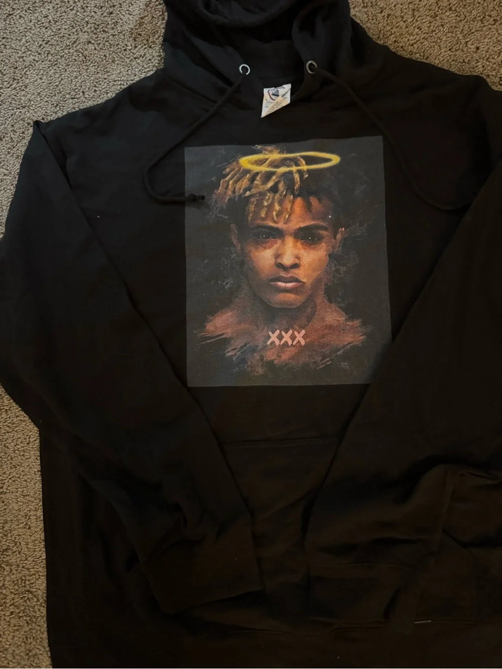 XXX TENTACION Delta Black Graphic Hoodie with Multicolor Portrait Print